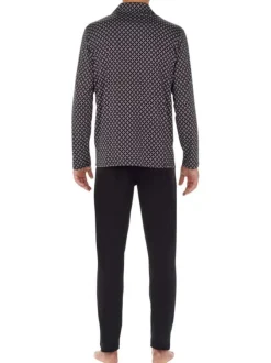 Pyjama long en coton noir imprimé géométrique avec coupe ouverte et col cubain