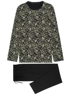 Pyjama long en coton noir imprimé jungle avec un col rond et coupe fermée