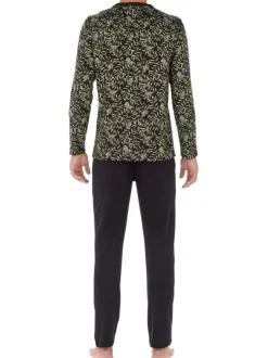 Pyjama long en coton noir imprimé jungle avec un col rond et coupe fermée