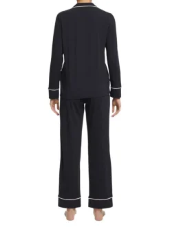 Pyjama long en coton noir uni avec une coupe droite, un col à revers et des manches longues