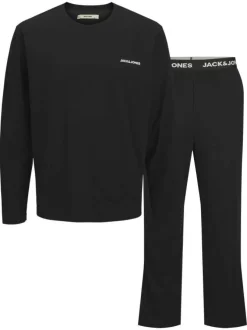 Pyjama Long en coton noir uni avec une coupe fermée et un col rond