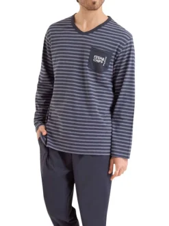 Pyjama long en coton parme rayé avec une coupe droite et un col V