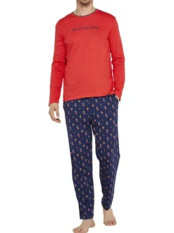 Pyjama long en coton rouge avec une coupe droite et un col rond