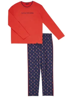 Pyjama long en coton rouge avec une coupe droite et un col rond