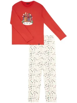 Pyjama long en coton rouge avec une coupe droite et un col V