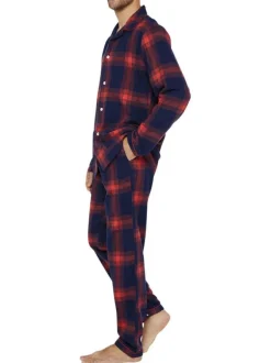 Pyjama long en coton rouge et marine à carreaux avec une coupe droite