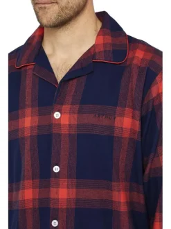 Pyjama long en coton rouge et marine à carreaux avec une coupe droite