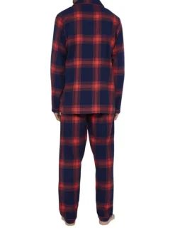 Pyjama long en coton rouge et marine à carreaux avec une coupe droite