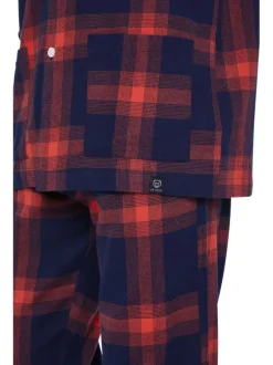 Pyjama long en coton rouge et marine à carreaux avec une coupe droite