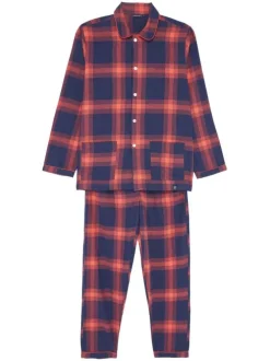 Pyjama long en coton rouge et marine à carreaux avec une coupe droite