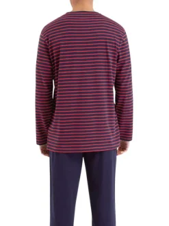 Pyjama long en coton rouge rayé avec une coupe droite et un col rond
