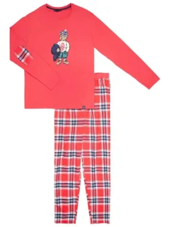Pyjama Long en coton rouge vichy coupe régular avec un col rond et une ceinture rouge