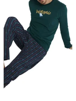 Pyjama long en coton sapin avec une coupe droite et un col V