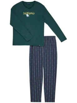 Pyjama long en coton sapin avec une coupe droite et un col V