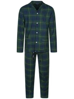 Pyjama long en coton sapin à tartan avec une coupe droite et un col français
