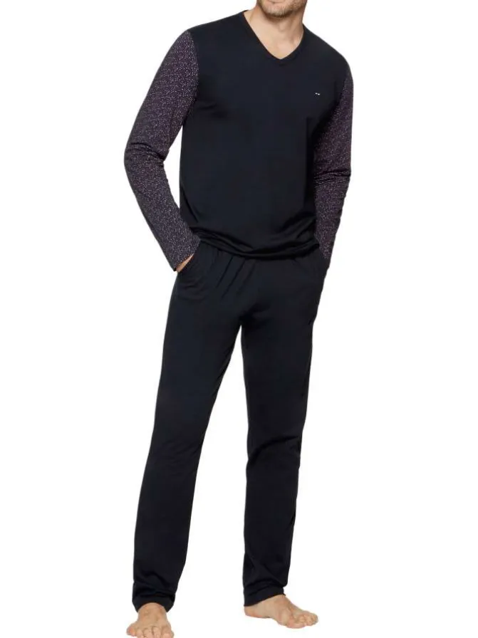 Pyjama long en coton à tee-shirt bicolore à coupe droite, col V et pantalon droit taille élastiquée