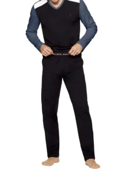 Pyjama long en coton à tee-shirt bicolore à coupe droite, col V et taille élastiquée à imprimé logo