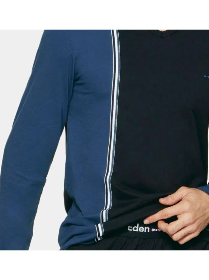 Pyjama long en coton à tee-shirt bicolore à coupe droite, col V et taille élastiquée à imprimé logo