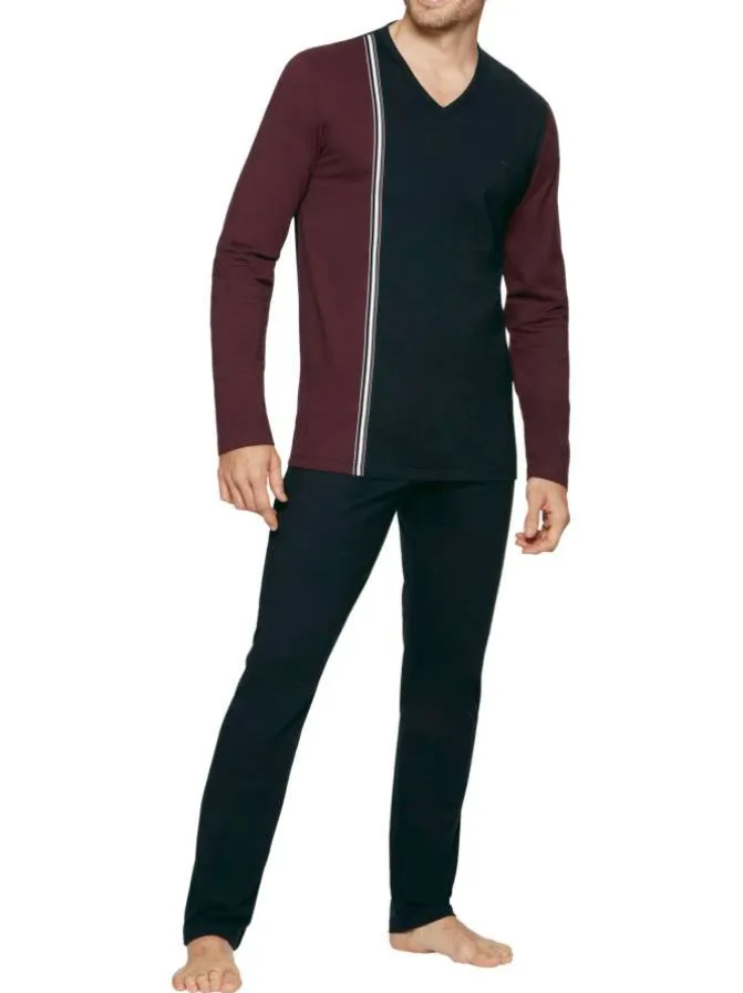 Pyjama long en coton à tee-shirt bicolore à coupe droite, col V et taille élastiquée à imprimé logo