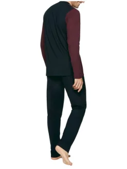 Pyjama long en coton à tee-shirt bicolore à coupe droite, col V et taille élastiquée à imprimé logo