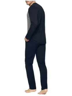 Pyjama long en coton à tee-shirt bicolore à coupe droite, col V et taille élastiquée à imprimé logo