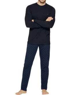 Pyjama long en coton à tee-shirt marine à coupe droite, col rond et pantalon à imprimé micro-motifs