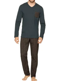 Pyjama long en coton à tee-shirt stretch à coupe droite, col V et pantalon droit taille élastiquée