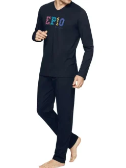 Pyjama long en coton uni à imprimé poitrine, à coupe droite, col V et pantalon à taille élastiquée