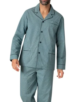 Pyjama long en coton vert à pois avec une coupe ouverte et un col cranté