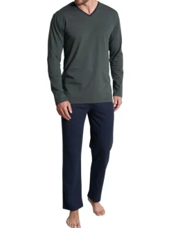 Pyjama long en coton vert uni coupe ajustée col V et surpiqûres bleues
