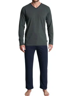 Pyjama long en coton vert uni coupe ajustée col V et surpiqûres bleues