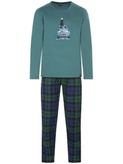 Pyjama Long en coton vert vichy coupe régular avec un col rond et un flocage voiture et sapin
