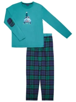 Pyjama Long en coton vert vichy coupe régular avec un col rond et un flocage voiture et sapin
