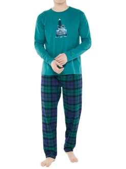 Pyjama Long en coton vert vichy coupe régular avec un col rond et un flocage voiture et sapin