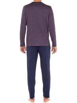 Pyjama long Figari en coton marine à col v imprimé géométrique rouge et blanc