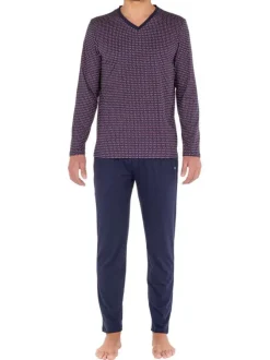 Pyjama long Figari en coton marine à col v imprimé géométrique rouge et blanc