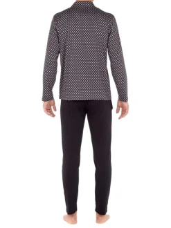 Pyjama long Fortaleza en coton noir à col revers boutonné avec imprimé trèfles et poids