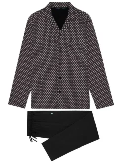 Pyjama long Fortaleza en coton noir à col revers boutonné avec imprimé trèfles et poids