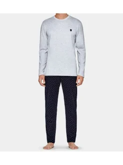 Pyjama long gris chiné en coton avec un col rond et bas à taille élastiquée