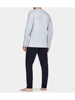 Pyjama long gris chiné en coton avec un col rond et bas à taille élastiquée