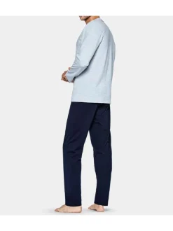 Pyjama long gris chiné en coton col v