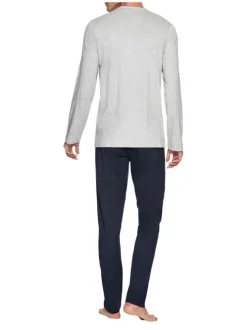 Pyjama long gris en coton uni coupe droite col v à manches longues avec petit logo poitrine