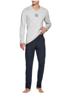 Pyjama long gris en coton uni coupe droite col v à manches longues avec petit logo poitrine