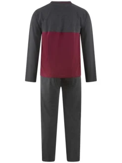 Pyjama long gris et bordeaux à coupe droite un col v et des manches longues