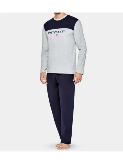 Pyjama long gris fantaisie en coton col rond