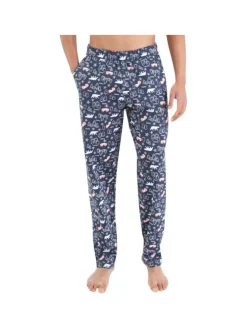 Pyjama long gris imprimé en coton avec une coupe droite et un col rond
