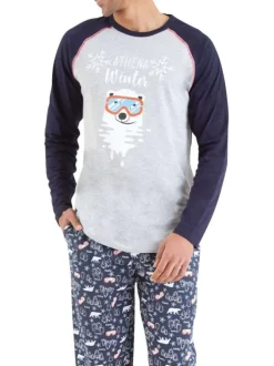 Pyjama long gris imprimé en coton avec une coupe droite et un col rond