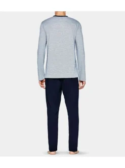 Pyjama long gris rayé en coton col v