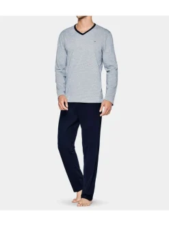Pyjama long gris rayé en coton col v