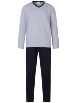 Pyjama long gris rayé en coton col v